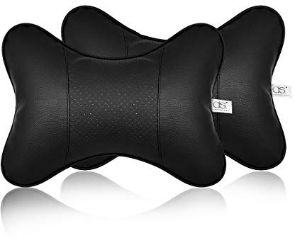 DSstyles almohada para asiento de coche para el cuello, 2 piezas, piel sintética, cojín negro, 28 x 18