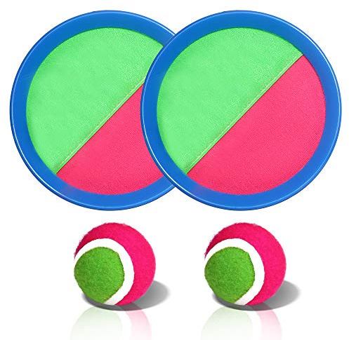 Novelty Place Toss and Catch Ball Set - Paddle toss Ball Toy Throw and Catch Game - Ball Catching Outdoor Sports Fun for Kids - 2 Self Stick Paddles, 2 Fuzzy Balls & A Storage Bag