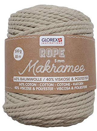 GLOREX 5 1007 12 - Makramee Rope 5 mm, superweiches Textilgarn aus 60 % Baumwolle / 40 % Viskose, zum Häkeln, Stricken, Knüpfen und textilen Gestalten, 500 g, ca. 85 m, gedreht taupe