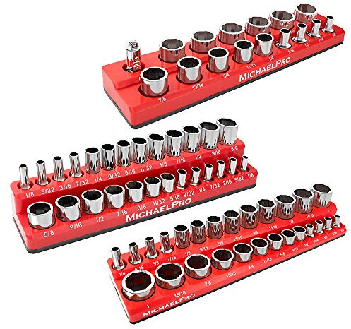 MichaelPro MP014003 3-Pc Magnetic Socket Organizer- 1/4-inch, 3/8-Inch & 1/2-Inch Drive Magnetic Socket Holder Kit in SAE, Professional Grade Socket Organizers for Toolboxes/Cabinets (SAE), Red