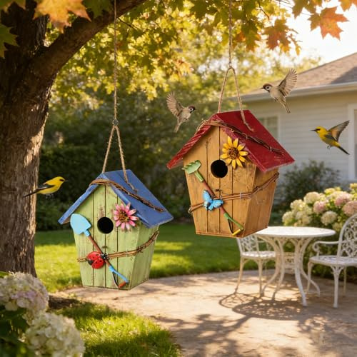 Lot de 2 nichoirs décoratifs à suspendre en bois massif pour l'extérieur, style vintage rustique, décoration de jardin et cadeau pour les amateurs d'oiseaux, merle bleu, hirondelle d'arbre et mésanges