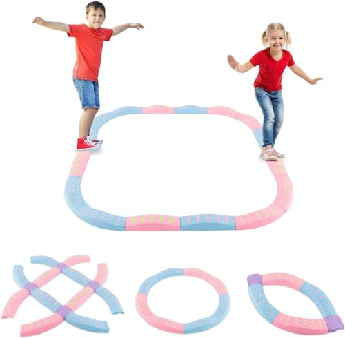 DREAMADE Poutres d'Équilibre pour Enfants, Pierres de Pas Ondulées avec Surface Texturée Antidérapante & Tapis de Fond, Planche Tactile d'Équilibre Intérieur Extérieur(Rose)