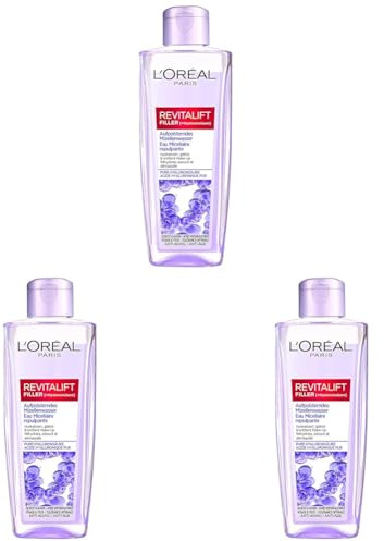 L'Oréal Paris Aufpolsterndes Hyaluron Mizellenwasser, Anti Aging Gesichtsreinigung, Reinigung mit purer Hyaluronsäure, Make up Entferner, Revitalift Filler, 200 ml (Packung mit 3)