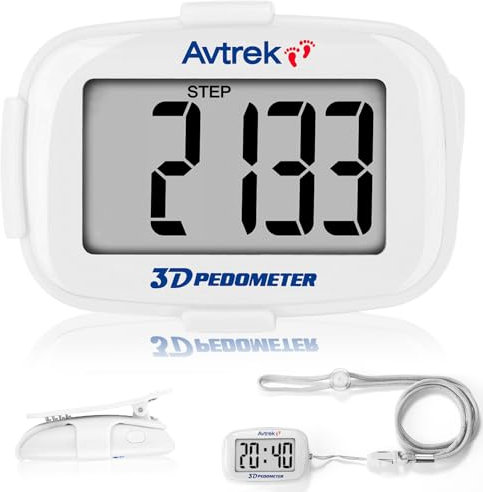 AVTREK Step Counter with Clip and Lanyard, 3D Pedometer With Time Display and LED Backlight, Simple Step Counter for Walking Running, Men Women Elder(White)