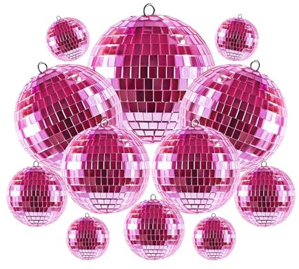 Jicyor 12 sfere da discoteca, a specchio da discoteca, rosa, mini sfere da discoteca, per albero di Natale, effetto luce, matrimonio, casa, feste (10/7/5/3/2 cm)