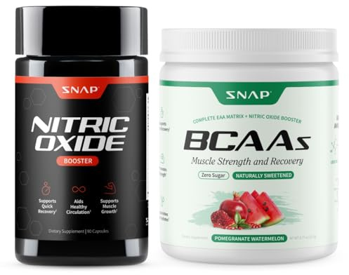 Snap Supplements Nitric Oxide Booster + BCAA Complete EAA Matrix Powder Bundle, 90 Vegetarian Capsules + 30 Servings Pomegranate Watermelon