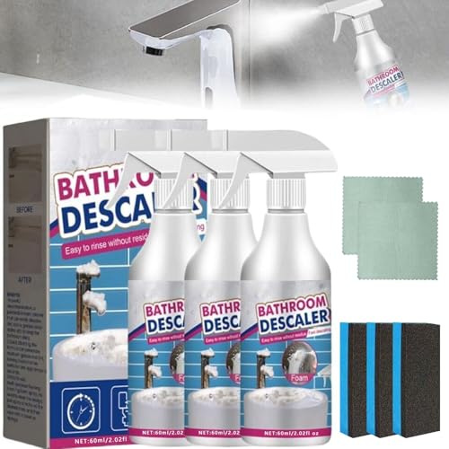 Tyafzzn 3 Pezzi Bathroom Descaler Foam, 60 Ml Stubborn Stains Cleaner, Bathroom Foam Cleaner, Powerful Descaling Cleaning Agent, Anticalcare Bagno Spray con 3 Spugne Blu