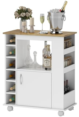 HOMCOM Carrello da Cucina con Ruote a Freno e Ripiani Regolabili, Isola per Cucina con Armadietto, 6 Portabottiglie Vino e 3 Ripiani Laterali, 75x39.5x88 cm, Bianco