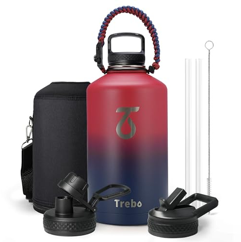 Trebo 1 Gallon Water Bottle Insulated with Paracord Handle and Straw,3.8 L Vacuum Double Wall Stainless Steel Large Jug,Keep Ice Cold 48hrs, Leakproof Sports Gym Flask for Men Women, Ruby Red