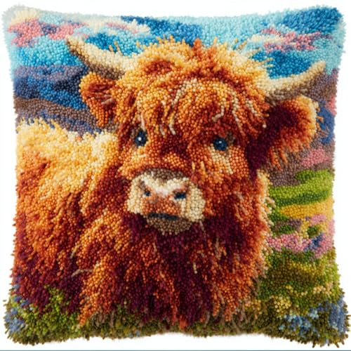 Taxpy Latch Hook Pillow Case Kits,Baby Scotland Highland Cow 17X17Inch 3D DIY Latch Hook Cushion Cover Kit,Knitting Kits Cushion for Adults and Beginners Rug Making Kit for Starters
