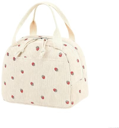 Vervora Insulated Lunch Bag for Women & Girls - Strawberry Pattern Large-Capacity Foldable Cooler Bag, Suitable for Work/School/Picnics/Camping (Strawberry Beige)