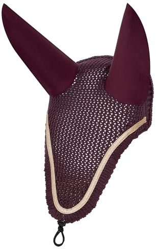 EQUESTRIAN QUEEN Bonnet anti-mouches cheval en coton avec oreilles élastiques, passepoil pailleté - protège contre les insectes et le bruit, prise en main confortable, look élégant (Bordeaux, Full)