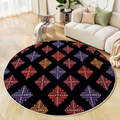GDJSMIN Geometrischer Ethno-Stil Rund Teppich 60cm Rautenmuster Teppich Weich Waschbarer Rot Teppiche Wohnzimmer Kurzflor rutschfest Rund Carpet für Wohnzimmer Kinderzimmer