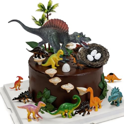 LIULINY 26-delars dinosaurie-tårtdekorationsset med 5 gröna blad och 2 kokospalmer, tårtdekoration, miniatyrmotiv eller tårtdekoration