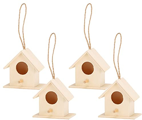 Generic Wood Birdhouse Set med 4 för Att Hänga Gör-det-själv Trädgårdsinredning, Unik Design, Naturligt trä, Skydd för Småfåglar