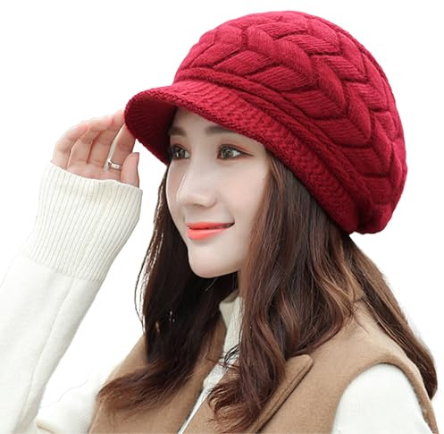 Wintermütze Beanie Mütze Winter Strickmütze Schirmmütze Warme Wool Mütze Hüte Mützen Caps für Damen Gestrickte Baseballmütze (Rot)