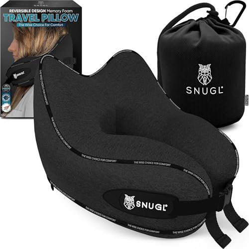 SNUGL Nackenkissen Memory Foam Waschbar & Verstellbar | Kuscheliges Nacken Reisekissen Für Flugzeug, Auto & Unterwegs | Reise-Kissen Nackenhörnchen, Neck Travel Pillow (Schwarz, Erwachsener Klein)