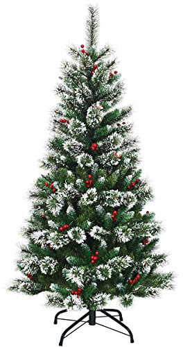 COSTWAY Árbol de Navidad Verde 150cm, Arbol de Navidad con Adornos de Frutos Rojos de 170 y Nieve, Agujas de PVC 221 Ramas, Arvore de Natal Pino Soporte de Metal Hogar Oficina Fiesta (150cm)