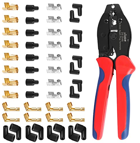 Zhushan Spark Plug Wire Crimping Tool Kit – 8.5mm Ratchet Crimper for Spark Plug Wires, Includes 24PCS 180°/90°/Straight Coil Terminals and 24PCS Boots