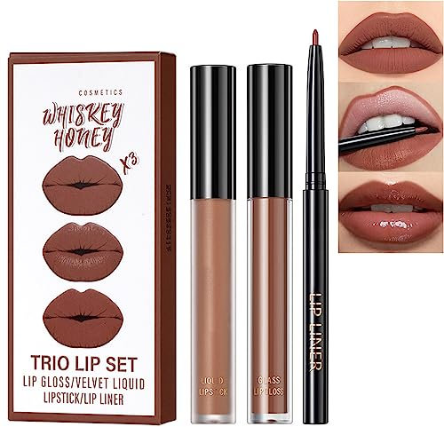 HERBENJOY Lip Gloss And Lip Liner Set, 3 In 1 Matte Moisturizing Lip Liner And Lipstick Set, Long Lasting Velvet Hydrating Non-Sticky Soft Silky High Pigmented Lipgloss And Precise Lipliner Set (05)