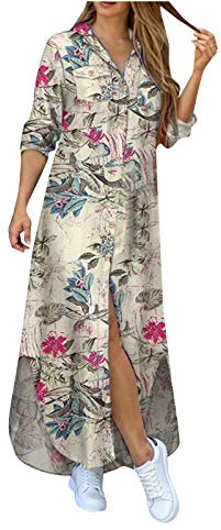 BOTCAM Vestido largo elegante de manga larga para mujer, vestido de camiseta, cuello de pico, vestido de blusa, vestido de túnica con botones, dobladillo irregular, moda vintage, estampado floral,