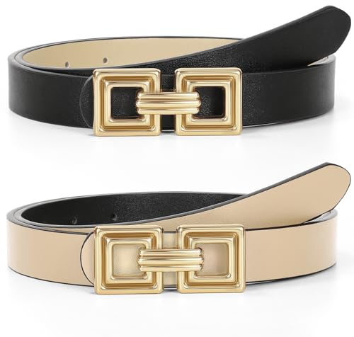 WHIPPY Reversible Leather Belt for Women Fashion Ladies Faux Leather Belt for Jeans Pants Dress with Gold Buckle 1 Pack Black/Beige XL