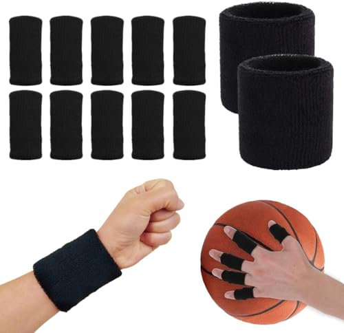 RuiChy Sport Wristband & Finger Protector Sleeve, 2Pcs Wrist Sweatbands and 10Pcs Finger Compression Sleeves Support Arthritis Trigger Thumb Fingers Protector for Basketball Tennis Fitness (Black)