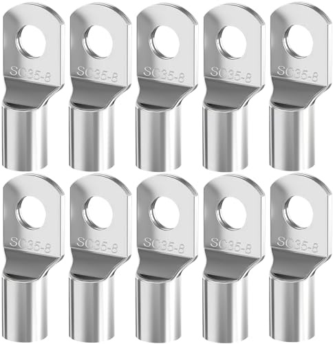 10 stycken kabelskor 35 mm² M8 – oisolerade SC rörkabelskor av förtennad koppar med ringögla, för bilbatterikabel, distributionslådor – klämkabelskor set, silver