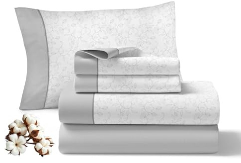 Juego de Sabanas 150x200CM 3 Piezas 100% Algodón 144 Hilos Ajuste preciso colchon 30CM Suaves Transpirables Lavables Diarias Cama Ropa Hogar Serenity Gris 1 Funda Almohada