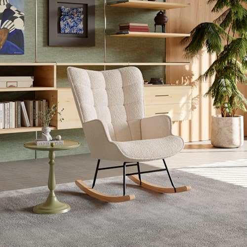 Yeutre Poltrona per allattamento imbottita, sedie a dondolo con schienale a quadri alto scandinavo, poltrona relax per soggiorno, camera da letto, balcone, studio, velluto Teddy (beige, 68 x 75 x 92