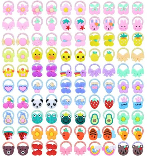 Dizila 100 Pieces/50 Pairs Cute Cartoon Animal Fruit Bow Flower Small Mini Hair Ties Stretchy Pigtail Ponytail Holders Elastics Hair Scrunchies Hair Bands Accessories for Baby Girls Infants Toddlers