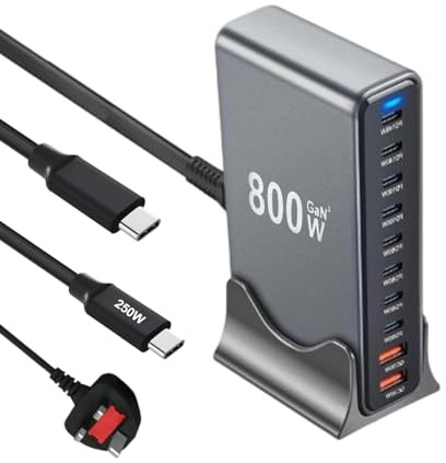 800W GaN3 Fast Charging Station, 8×USB-C Ports 140W/100W/65W & 2×USB-A Ports 30W QC Multi-ports Charger Block with 2m USB Cable, 10-Ports Multi-Charger Compatible with Laptop Phone for Travel Home Use