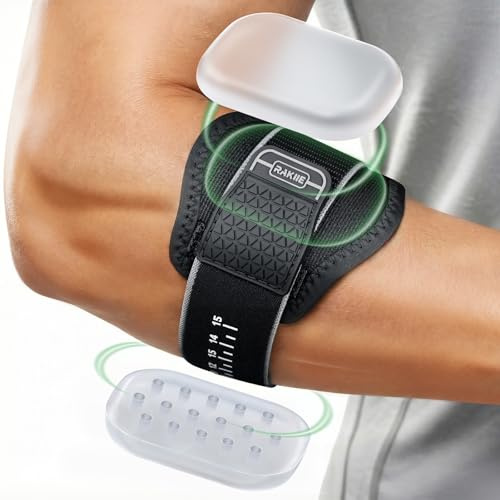 Rakiie Tennis Elbow Support Strap for Men Women, Adjustable Golfers & Tennis Elbow Strap with Upgraded 2 Silicone Pads, Memory Scale from Level 1-15, For Sports, Daily Work (Gray)