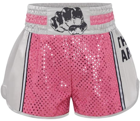 YEAHDOR Pantaloncini Muay Thai per Bambini Pantaloncino da Boxe Strass Pantaloncini Kick Boxing per Arti Marziali MMA Cage Fighting e Training Shorts Rosa 7-8 Anni