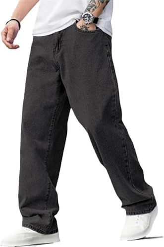 LuminBlaze Jean baggy Y2K Streetwear vintage pour homme, coupe ample, pantalon en denim avec jambe large, décontracté, coupe droite, Noir , M