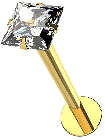 AZARIO LONDON 9K Solid Yellow Gold Claw Set 3MM Square CZ Stone Push Fit Top 16 Gauge Hollow Lip Labret Tragus Bar Piercing Jewellery