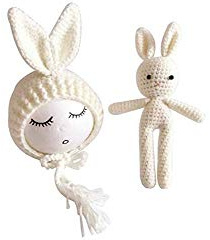 Matissa Newborn Baby Crochet Knit Costume Photography Prop Baby Bunny Hat and Doll Set (White)