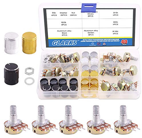 Glarks 40 Stück B5K B10K B20K B50K B100K Ohm Gerändelter Schaft Linearer Drehkegel-Potentiometer mit Muttern, Unterlegscheiben und 3 Farb-Legierung Knauf für Arduino