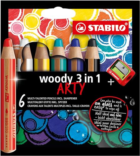 STABILO - Buntstift, Wasserfarbe & Wachsmalkreide - woody 3 in 1 - ARTY - 6er Pack und Spitzer