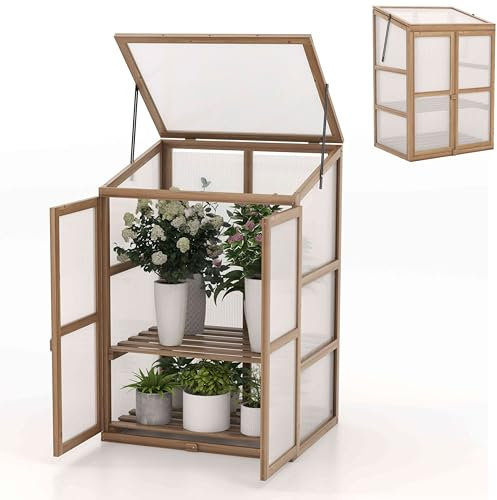 TANGZON Wooden Greenhouse, Transparent Polycarbonate Glazing Cold Frame with Flip-top Roof, 2 Doors & Removable Shelves, Outdoor Mini Plant Grow Green House for Garden Patio (76 x 57 x 111 cm)