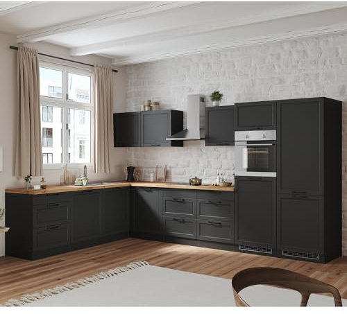 Winkelküche Küche Einbauküche Küchenzeile L-Form 360/240 cm mit E-Geräten in grau, Arbeitsplatte in Eiche, inkl. Dunstabzugshaube, Induktionskochfeld, Backofen, Geschirrspüler, Kühlgefrierkombi
