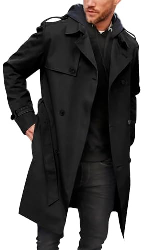 Runcati Men's Coat Double Breasted Trench Coat Long Lapel Business Jacket with Belt