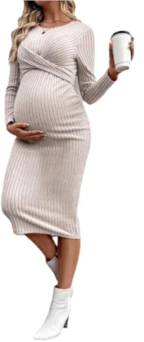 SISAY Moderskapsklänning rund hals enfärgad långärmad retro pennklänning bodycon stickad tröja midiklänning bodycon klänning sexig chic och elegant gravid tunika kläder graviditet och amning