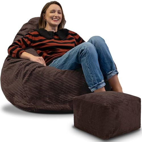 DreamRoots Sitzsack Erwachsene Cord oder Kinder - Bean Bag Sofa - Sitzsack Cord mit Hocker und Bezug - Sitzsäcke mit Füllung 90x90x100 cm Dark Chocolate