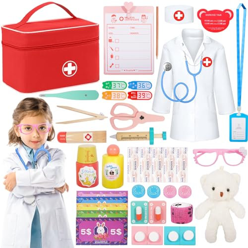 PQETBV Kit Gioco Dottore per Bambini, Valigetta Dottore Bambini con Camice da Medico e Borsa da Medico Portatile, Gioco di Ruolo per Ragazze e Ragazzi di 3, 4, 5 Anni