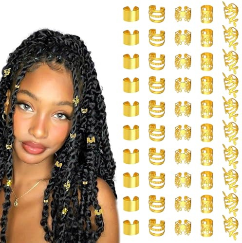 EUZUXU 50 Pezzi Gioielli in Oro Dreadlocks, per Capelli Dorati per Trecce, Accessori Decorazione, per Uomini, Donne, Ragazze e Ragazzi