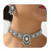 Indian Jewellery Set for Women - Oxidized Bollywood Choker Necklace Gold/Silver Jhumkas Indian Earrings Traditional Vintage Ethnic Accessories Costume
