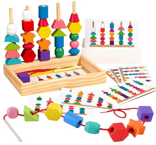Hojalis Montessori Threading Toys for Toddlers, Wooden Lacing Beads & Stacking Blocks & Matching Shapes with Educational Pattern Cards, Fine Motor Skills Game for Kids Boys Girls