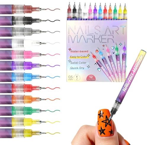 12 Farben Nagellack Stift Set, 12er Set Nails Art Marker für 3D Nail Art & Linien DIY Nageldesign, Nagel Zubehör mit Feiner Spitze (0.5mm), Wasserdicht, Nagellackstifte für den Heimgebrauch