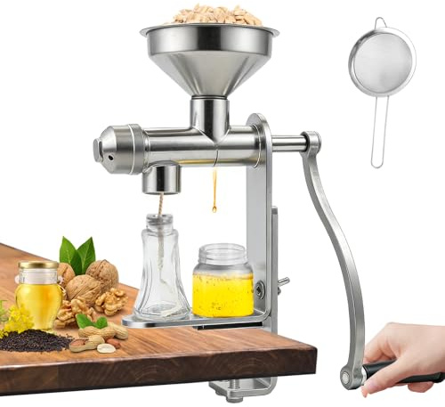 Manual Oil Press Machine with Filter Strainer, Stainless Steel Hand Oil Extractor for Home Use, for Peanut Sunflower Nuts Seeds, No Electricity Required, Household Cold Press Tool